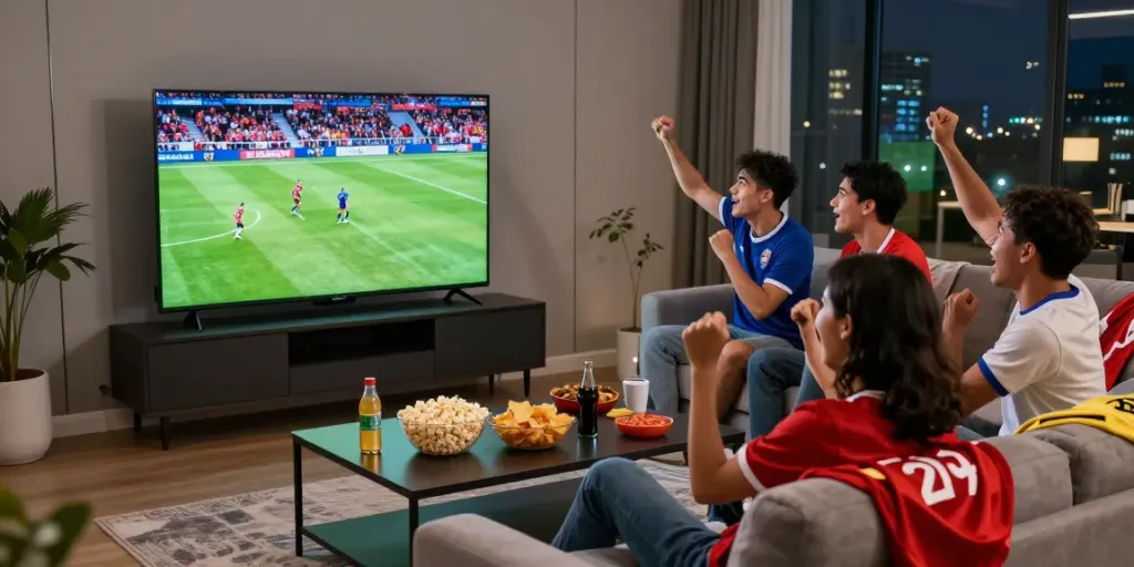 Exciting viewing experience of Cà Khịa TV soccer game with friends in a vibrant living room.