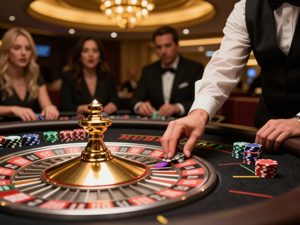 Player placing a bet at HUBET roulette table, capturing the thrill of live gambling action.