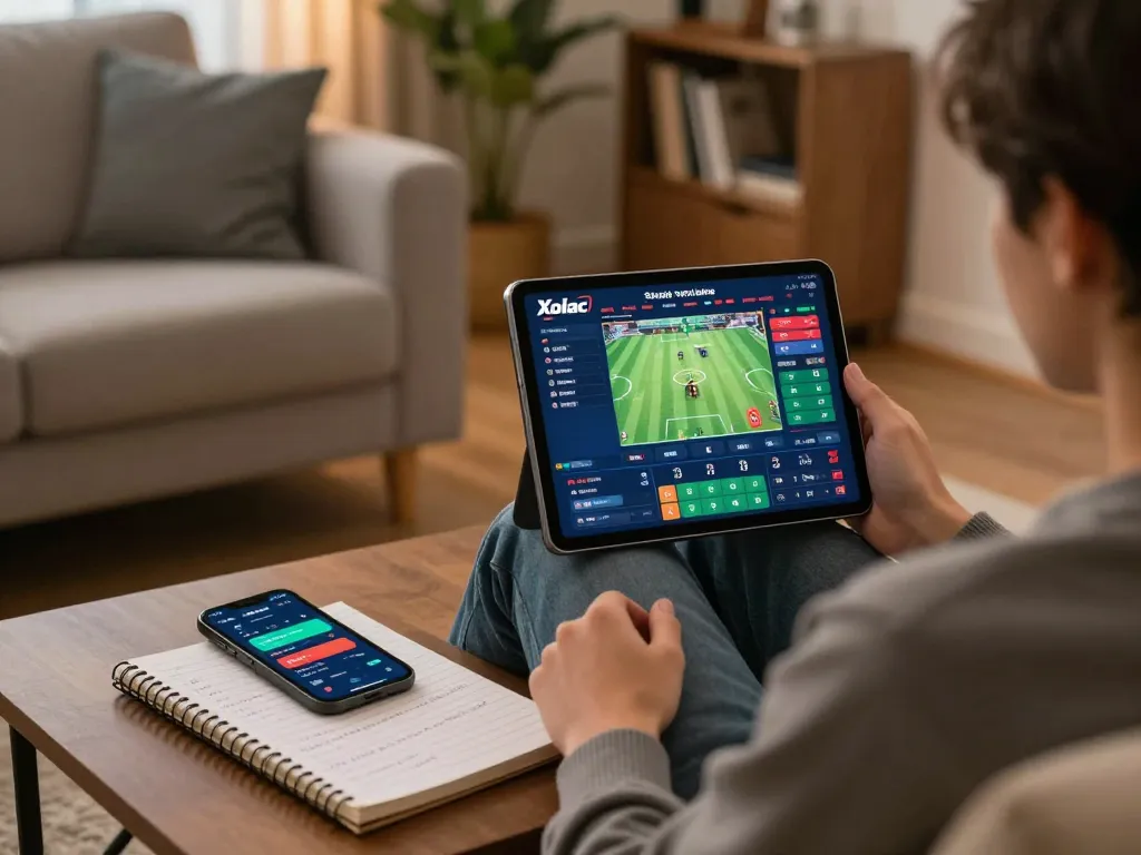 Engaging in online gambling with Xoilac trực tuyến streaming on a tablet in a cozy living room setting.