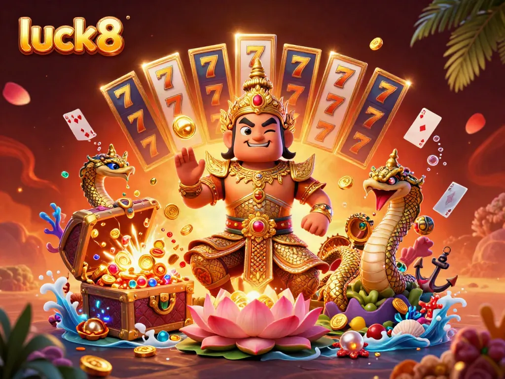 Experience winning with luck8 in a vibrant 3D casino-themed illustration featuring legendary characters and epic game elements.
