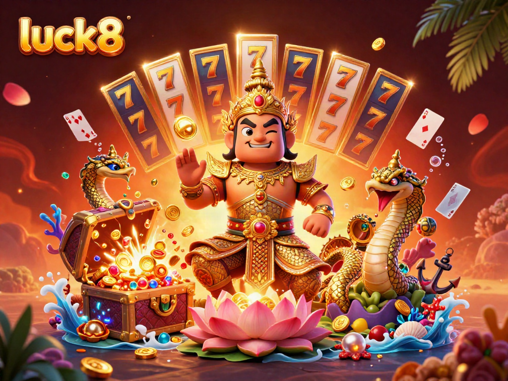 Experience winning with luck8 in a vibrant 3D casino-themed illustration featuring legendary characters and epic game elements.