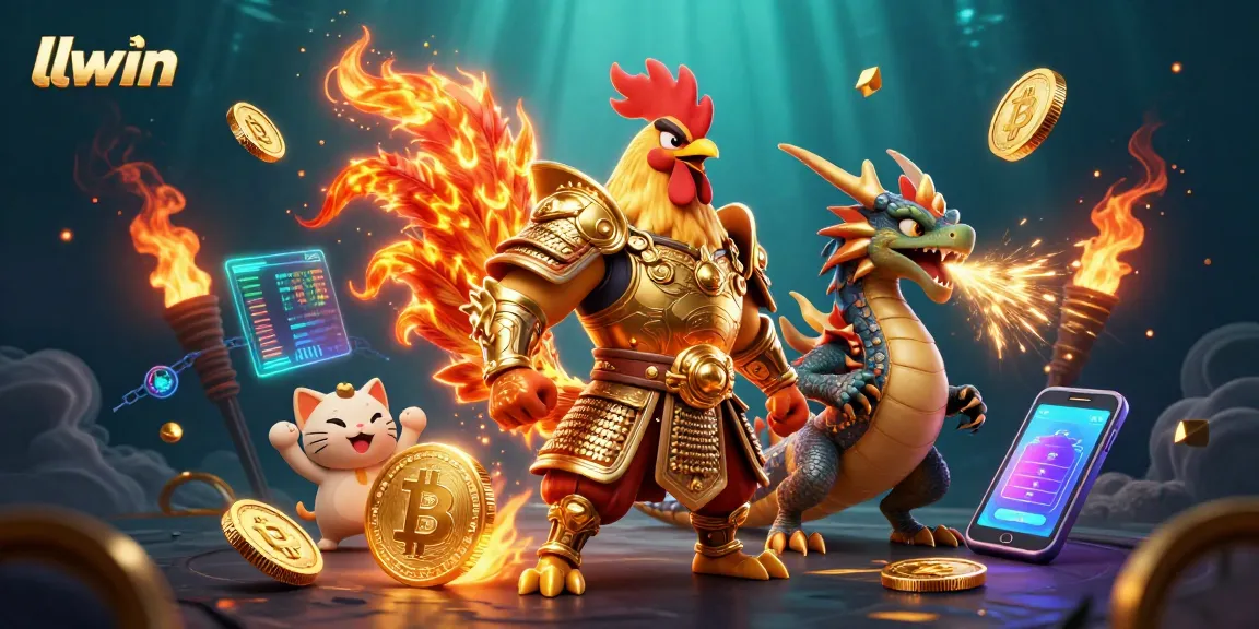 Experience thrilling action at llwin with a fierce rooster warrior and dragon hatchling amid vibrant casino elements.