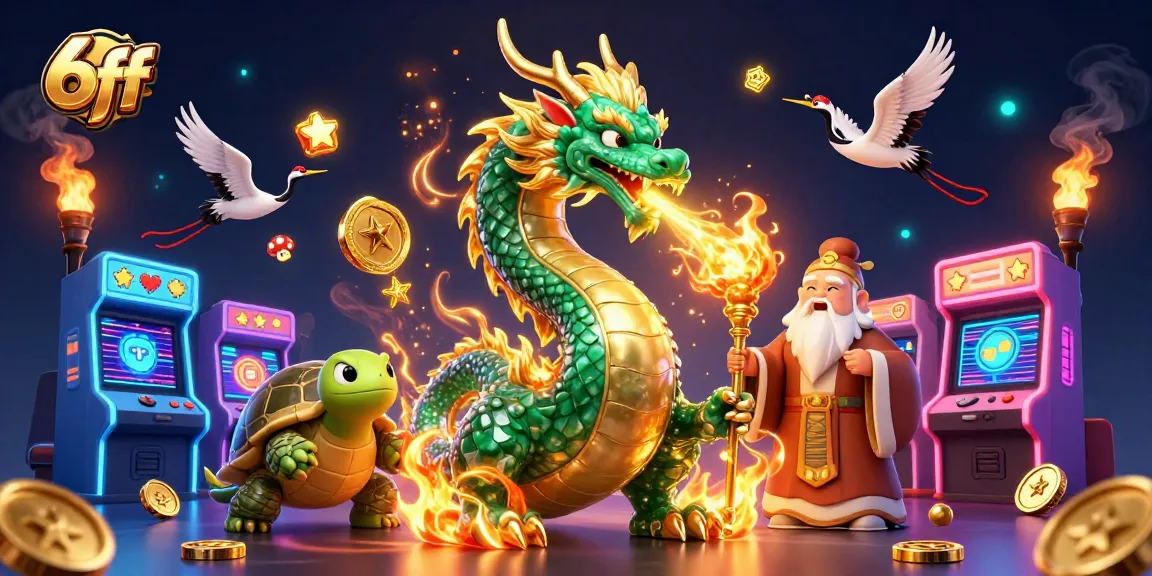 Watch the 6ff dragon unleash golden fire in this vibrant gaming scene filled with mythical characters and arcade elements.