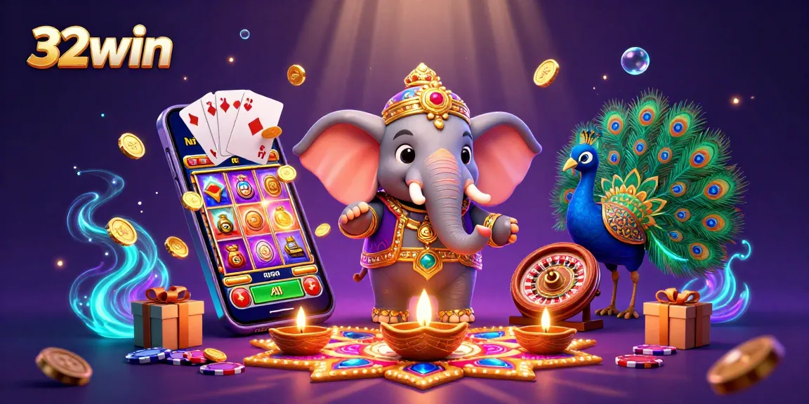 Win exciting rewards at 32win with vibrant casino-themed scenes featuring a colorful elephant and game elements.