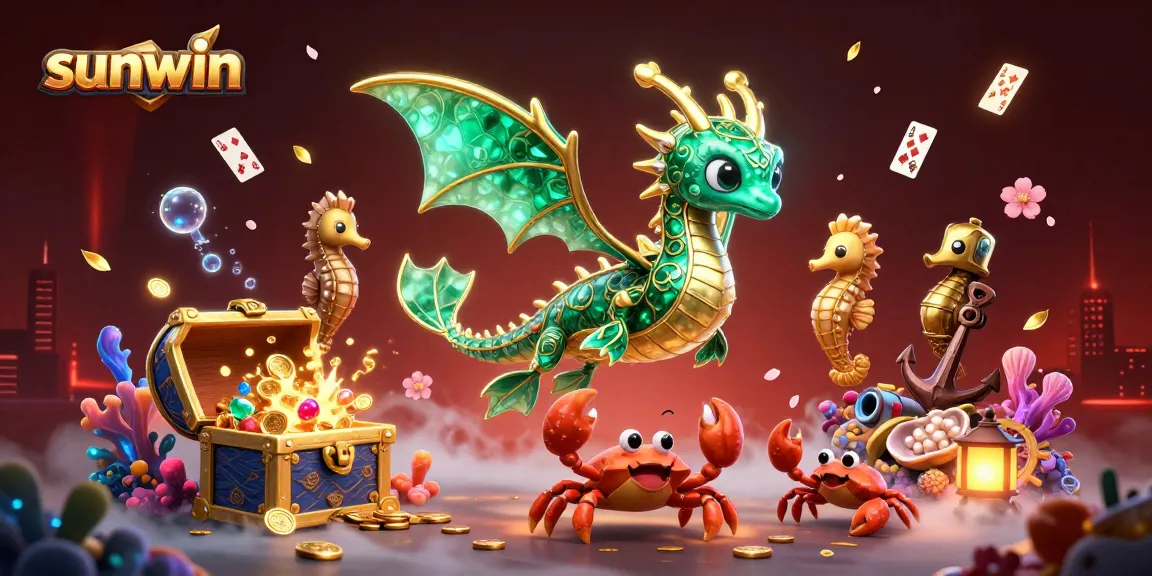 Experience sunwin with an emerald sea dragon amid vibrant casino elements and dynamic treasures.