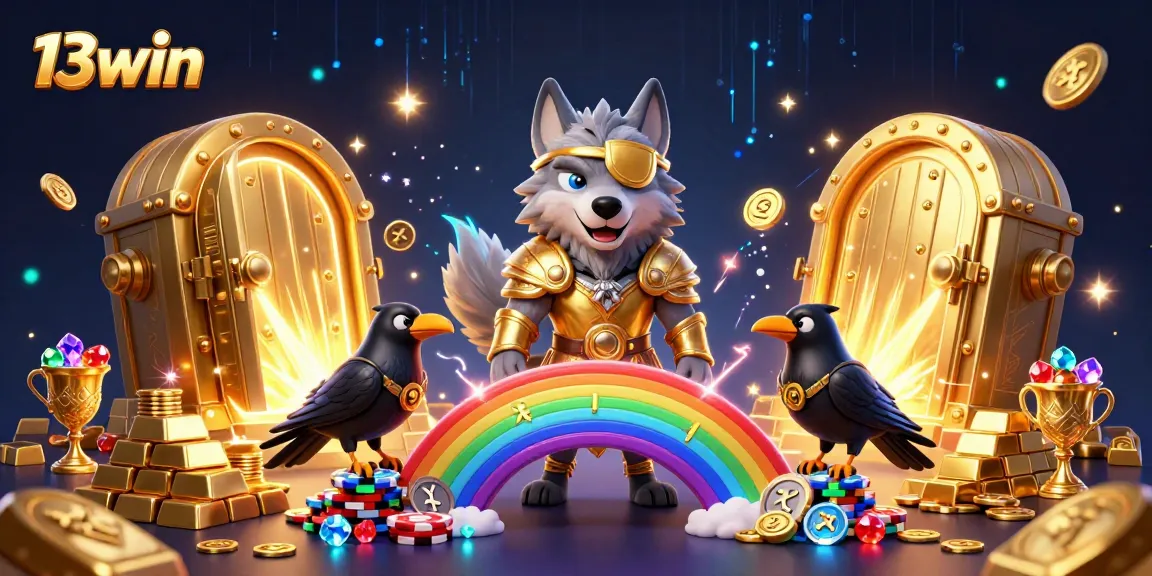 Engage with 13win's vibrant casino fantasy featuring Odin, ravens, and shimmering treasures.