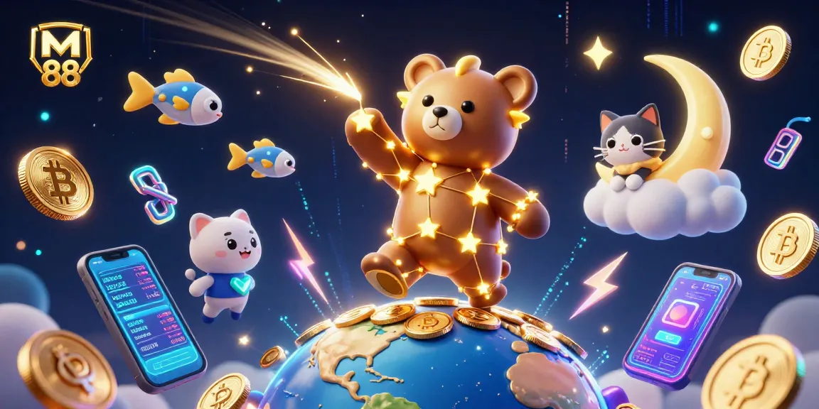Engage in thrilling gaming with M 88, as a constellation bear scoops coins while celestial fish dash by.