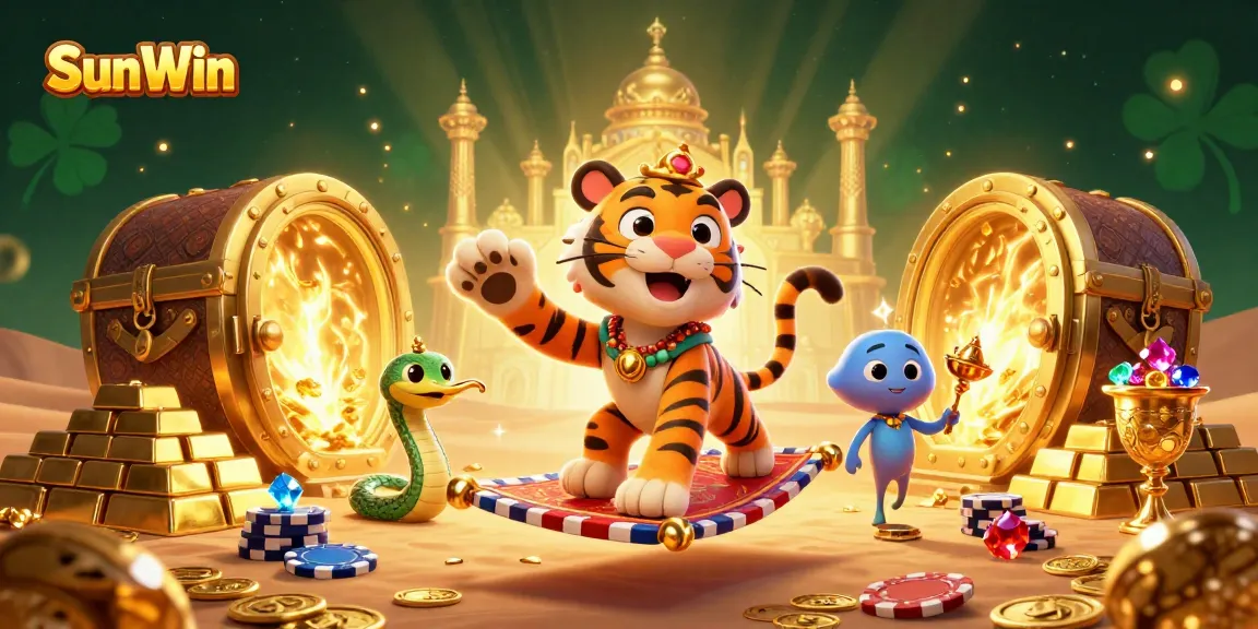 Engage in thrilling gameplay at SunWin, featuring a vibrant 3D illustration of a sultan on a poker chip flying carpet.