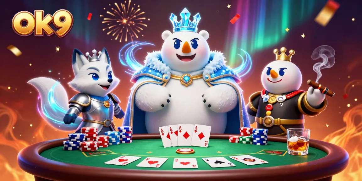 Join the excitement at ok9 with a dynamic poker scene featuring a polar bear and fox.