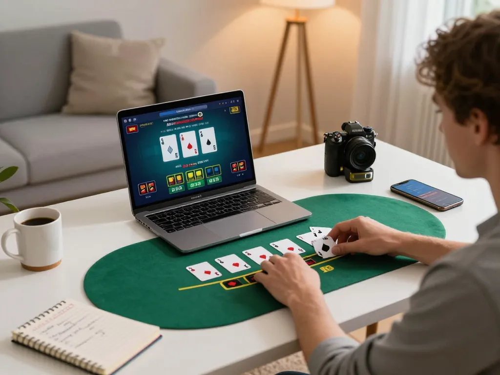 Engage in thrilling live dealer blackjack with FC88, showing home office setup and focused gameplay