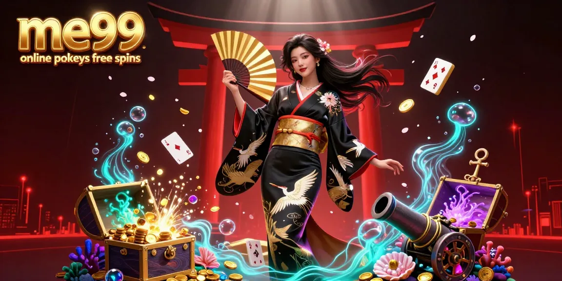 Engage with me99 online pokies free spins as a stunning Asian woman in a flowing kimono interacts amidst vibrant casino elements.