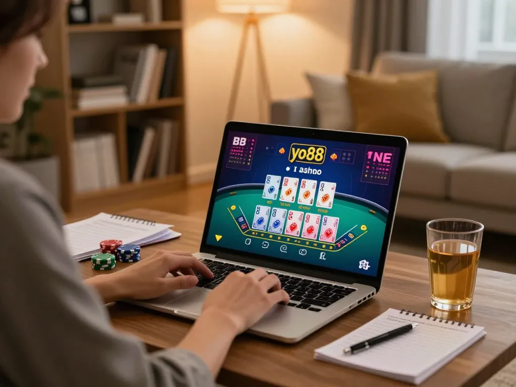 Engaging home gaming setup showcasing yo88 casino online blackjack gameplay in a cozy atmosphere
