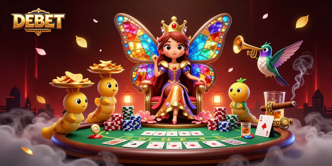 Experience thrilling poker action with the DEBET butterfly queen and colorful casino elements.