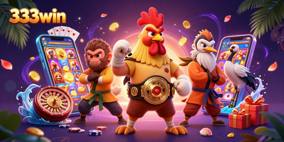Engage with 333win's vibrant casino scene featuring unique characters amidst dynamic game elements, showcasing thrilling gameplay.
