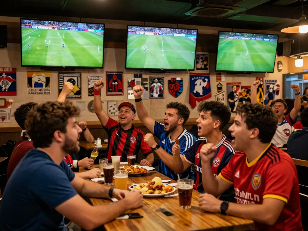 Football fans enjoying cà khịa tv in a lively sports bar, capturing the excitement of a live match.