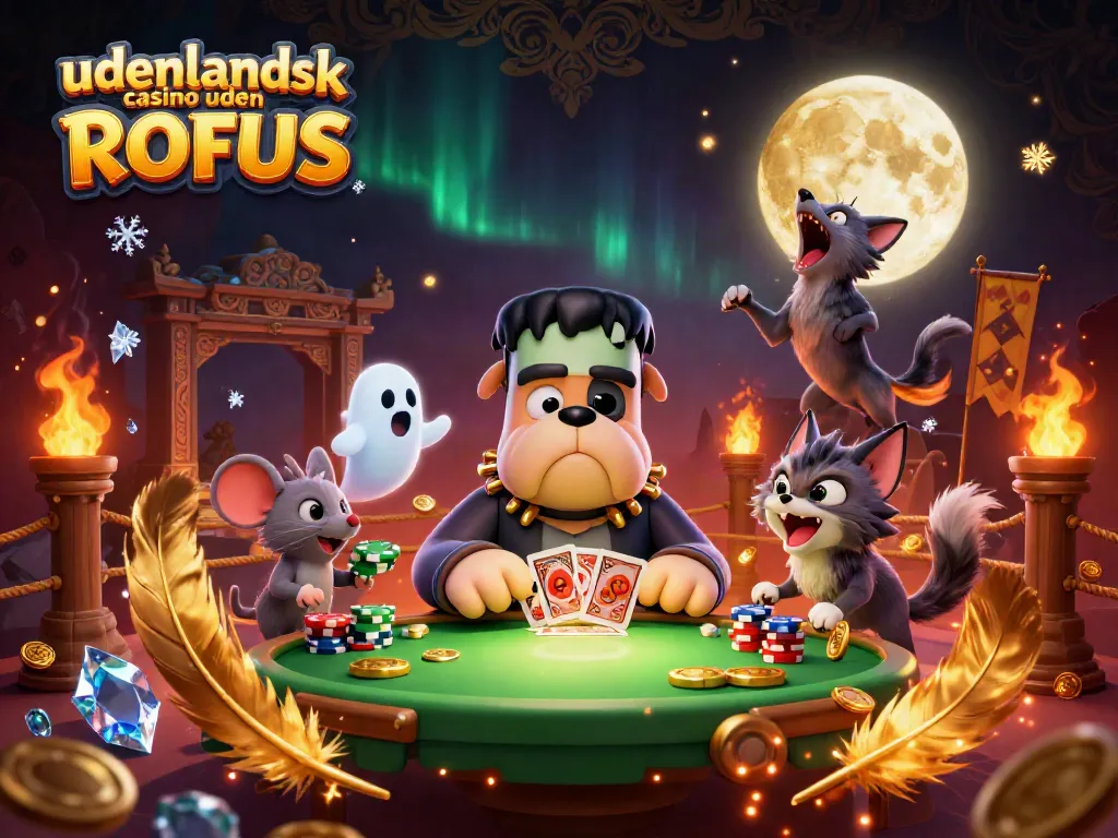 Playing cards dealt by a Frankenstein bulldog at a udenlandsk casino uden ROFUS with magical creatures.