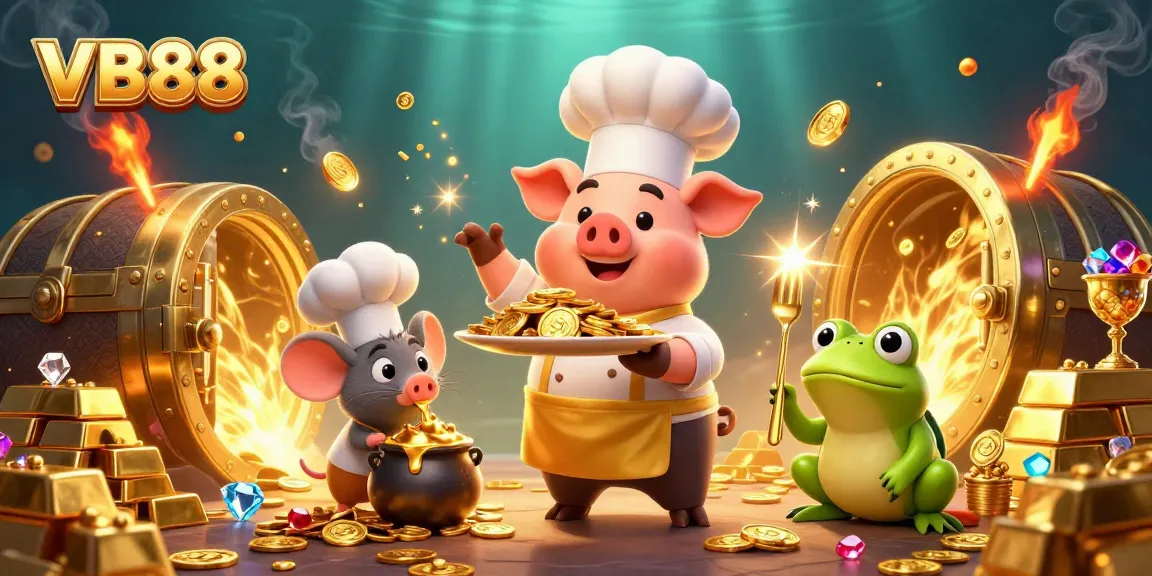 VB88's vibrant promotional digital illustration showcasing a whimsical chef pig serving gold coins and treasures.