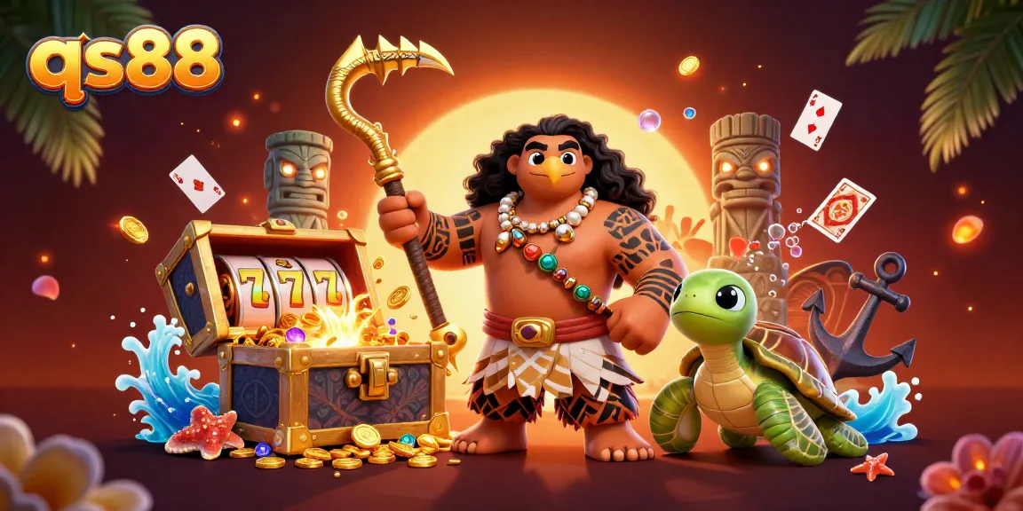 Experience thrilling gameplay with qs88, featuring a demigod hawk, colorful slot reels, and underwater treasures.