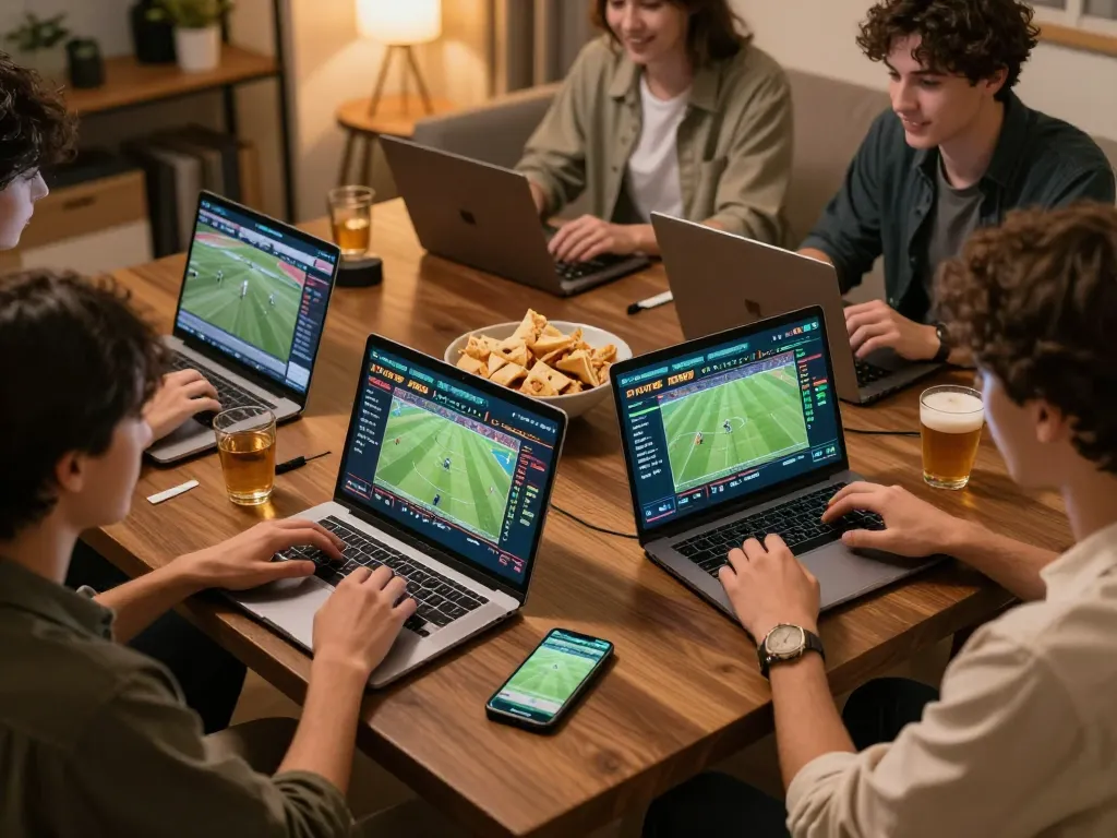 fun88 players engaging in strategic sports betting activities at home with laptops and smartphones
