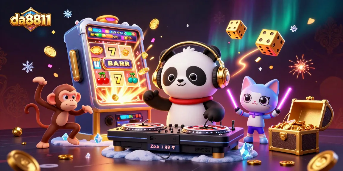 Experience the excitement of da8811 with colorful casino illustrations of winners spinning on slot machines and unlocking treasures.