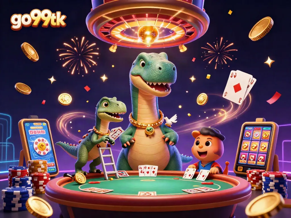 Spin the reels at go99tk with a whimsical dinosaur and raptor dealer in a vibrant casino scene.