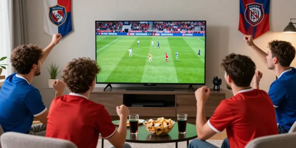 Fans enjoying thập cẩm tv football match in a vibrant lounge with HD visuals.