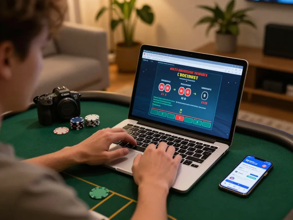 Player using 98win app on laptop for poker while reviewing strategy notes in cozy home setup.