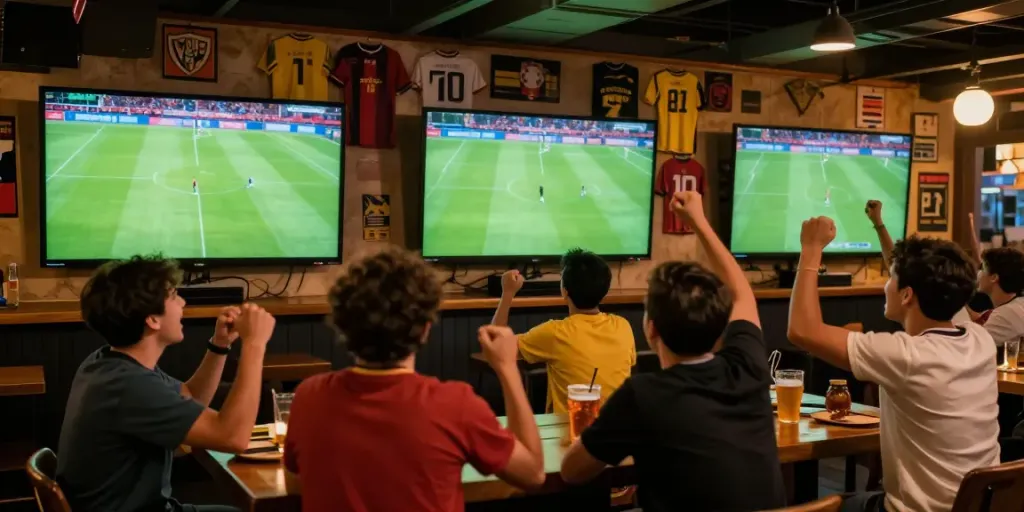 Exciting fans enjoying soccer at a bar during a gà vàng tv match, celebrating with drinks.