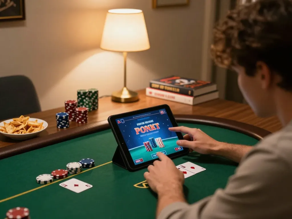 Engaging in MMOO poker gameplay on a tablet in a cozy home setting with strategy notes