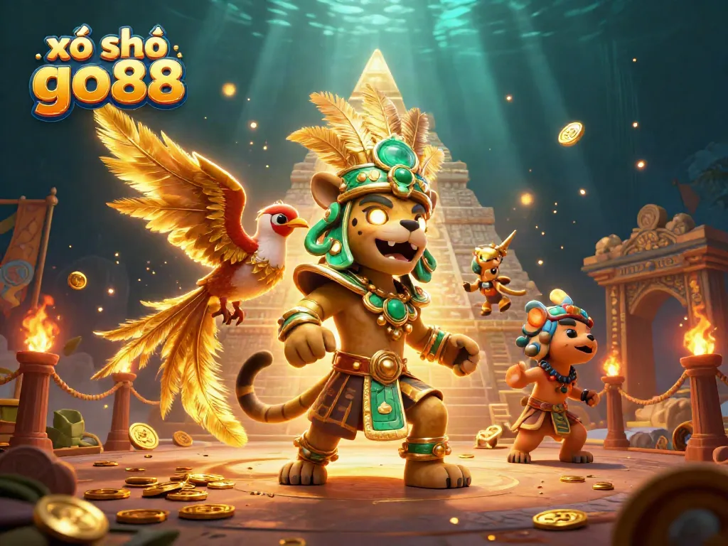 Experience the excitement of xổ số go88 with a vibrant 3D illustration of gaming characters and elements.