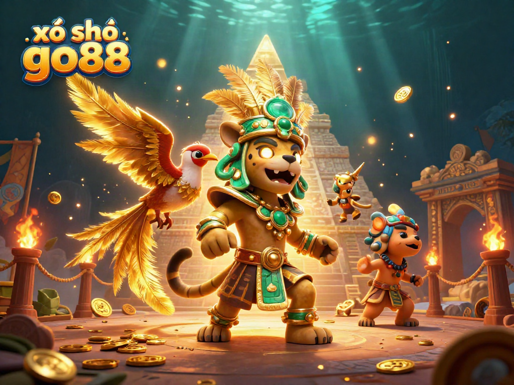 Experience the excitement of xổ số go88 with a vibrant 3D illustration of gaming characters and elements.