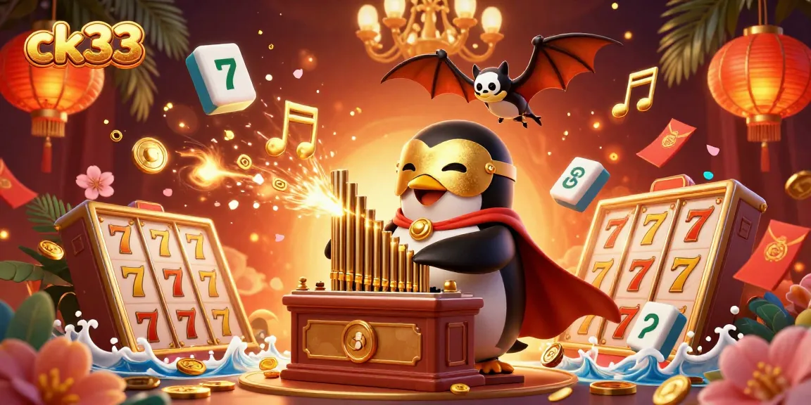 Experience thrilling slots at ck33 with a captivating penguin organist surrounded by celebratory elements.