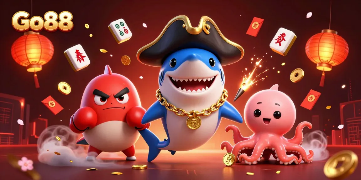 Go88 invites players to win big with vibrant illustrations featuring a shark and friends in a dynamic casino setting.
