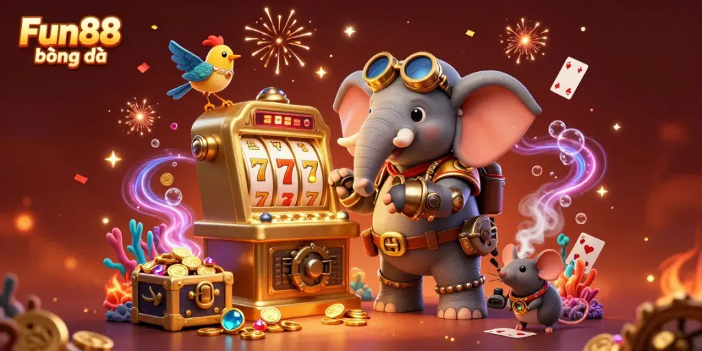 Experience Fun88 bóng đá through a lively 3D illustration showcasing a steampunk elephant engineer at a gold slot machine, surrounded by casino elements.