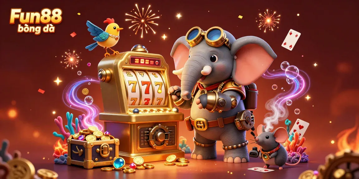 Experience Fun88 bóng đá through a lively 3D illustration showcasing a steampunk elephant engineer at a gold slot machine, surrounded by casino elements.