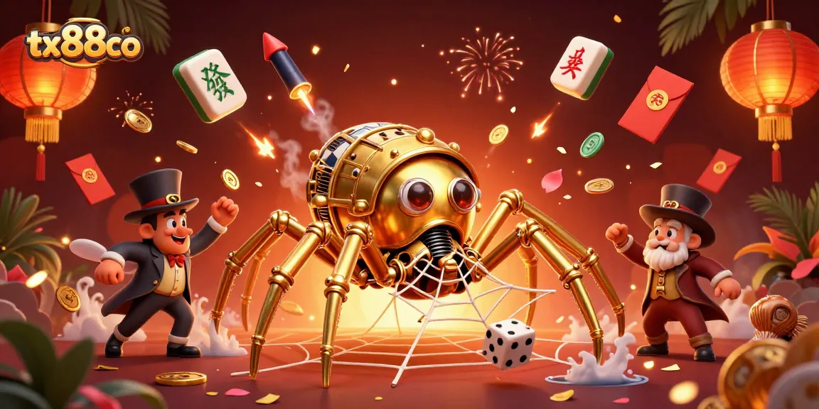 Engage in thrilling gaming with tx88co, showcasing a whimsical 3D steampunk spider catching dice and creating a vibrant atmosphere.