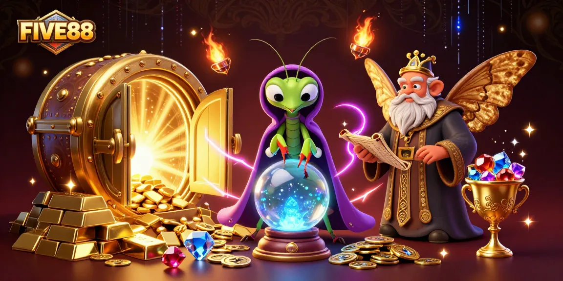 Experience the thrill of FIVE88 with a fortune teller, moth librarian, and sparkling gems in a dynamic casino scene.
