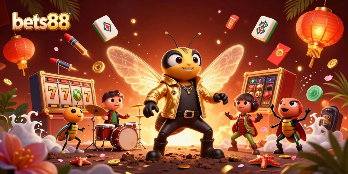 Bets88 captivates players with a dynamic scene of cartoon characters enjoying vibrant casino games and luck symbols.