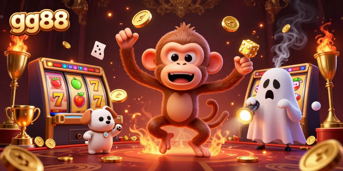 gg88 showcases a lively scene with a mischievous ghostly monkey juggling golden casino coins and the puppy hunting for treasure.