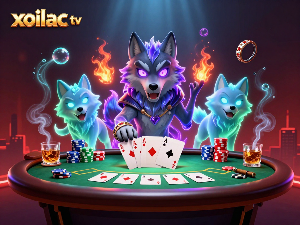 Engage with immersive poker action at xoilac tv, featuring ghostly wolves, chips, and glowing dynamics.