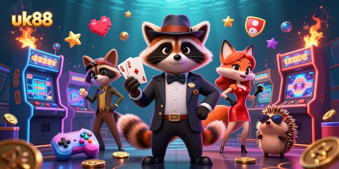 Experience thrilling games at uk88 with vibrant casino characters amidst a dynamic gaming backdrop.
