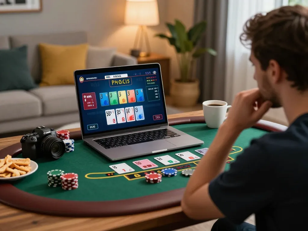 Player enjoying an engaging online blackjack game at home with RED88 displayed on the screen, capturing strategic moment.