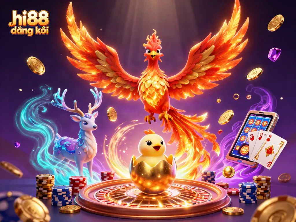 Join the hu88 đăng ký excitement with soaring phoenixes and vibrant casino elements!