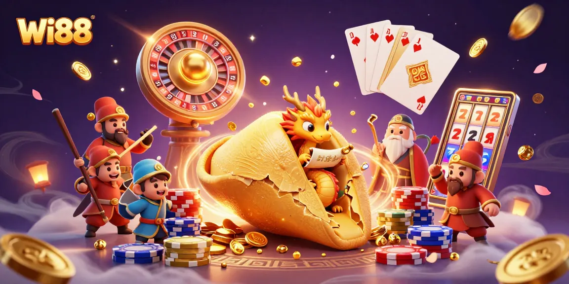 Wi88 features a vibrant casino scene with a golden fortune cookie and a wise dragon, symbolizing luck and fortune.