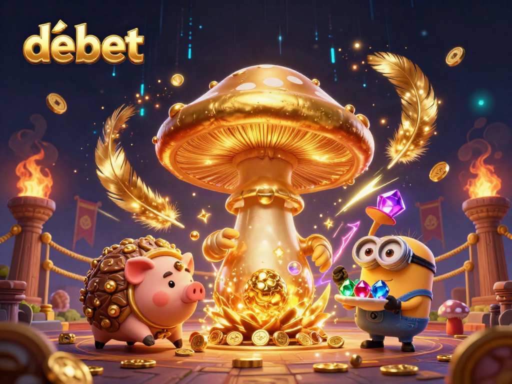 Engage with debet's vibrant 3D fantasy casino illustration featuring a magical mushroom wizard and treasure-hunting pig.