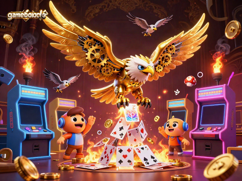 Gamebaidoithuong showcases a vibrant 3D scene with a cyber eagle and gaming elements.