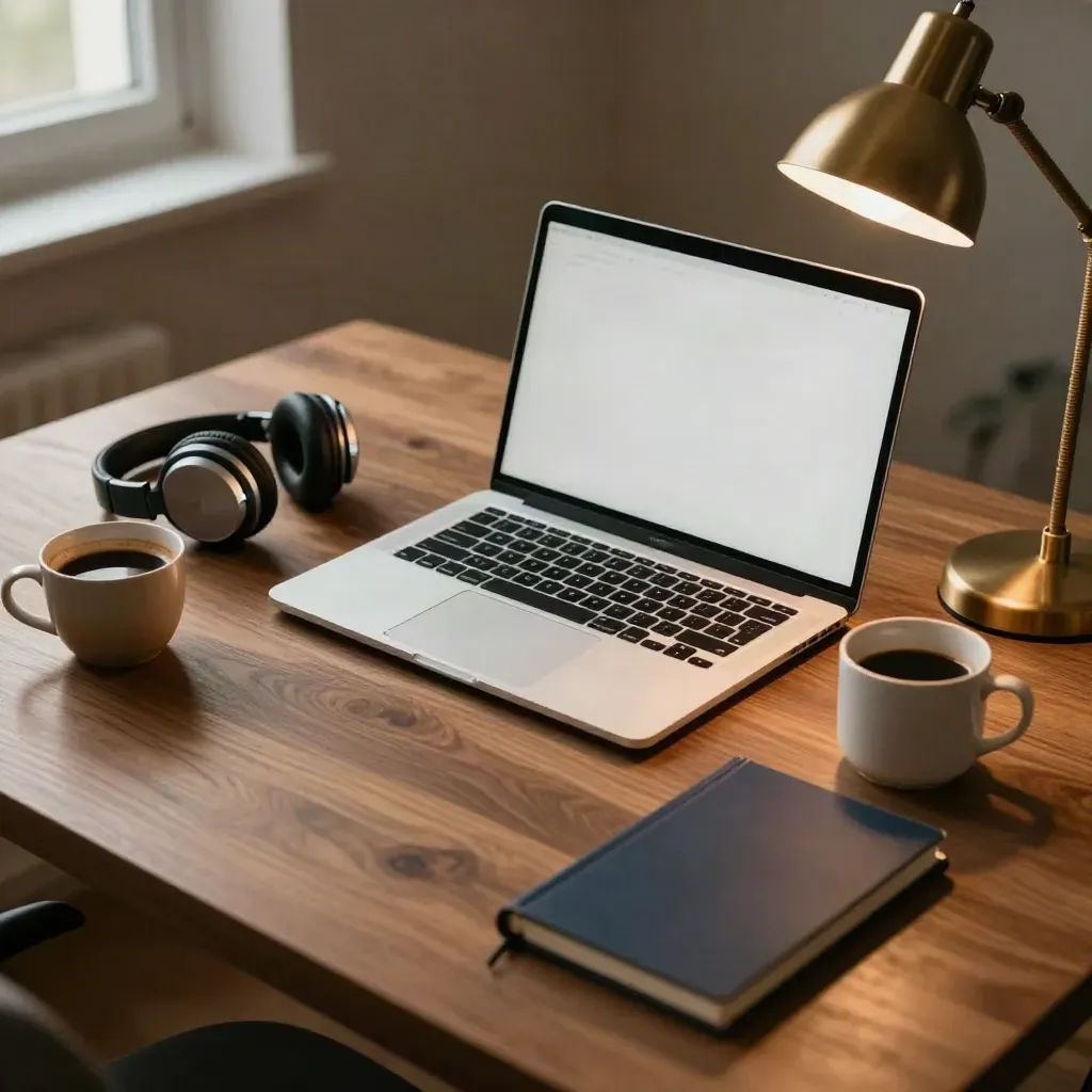Mörkt hemmakontor med stängd laptop, hörlurar, kopp och bordslampa i varmt kvällsljus