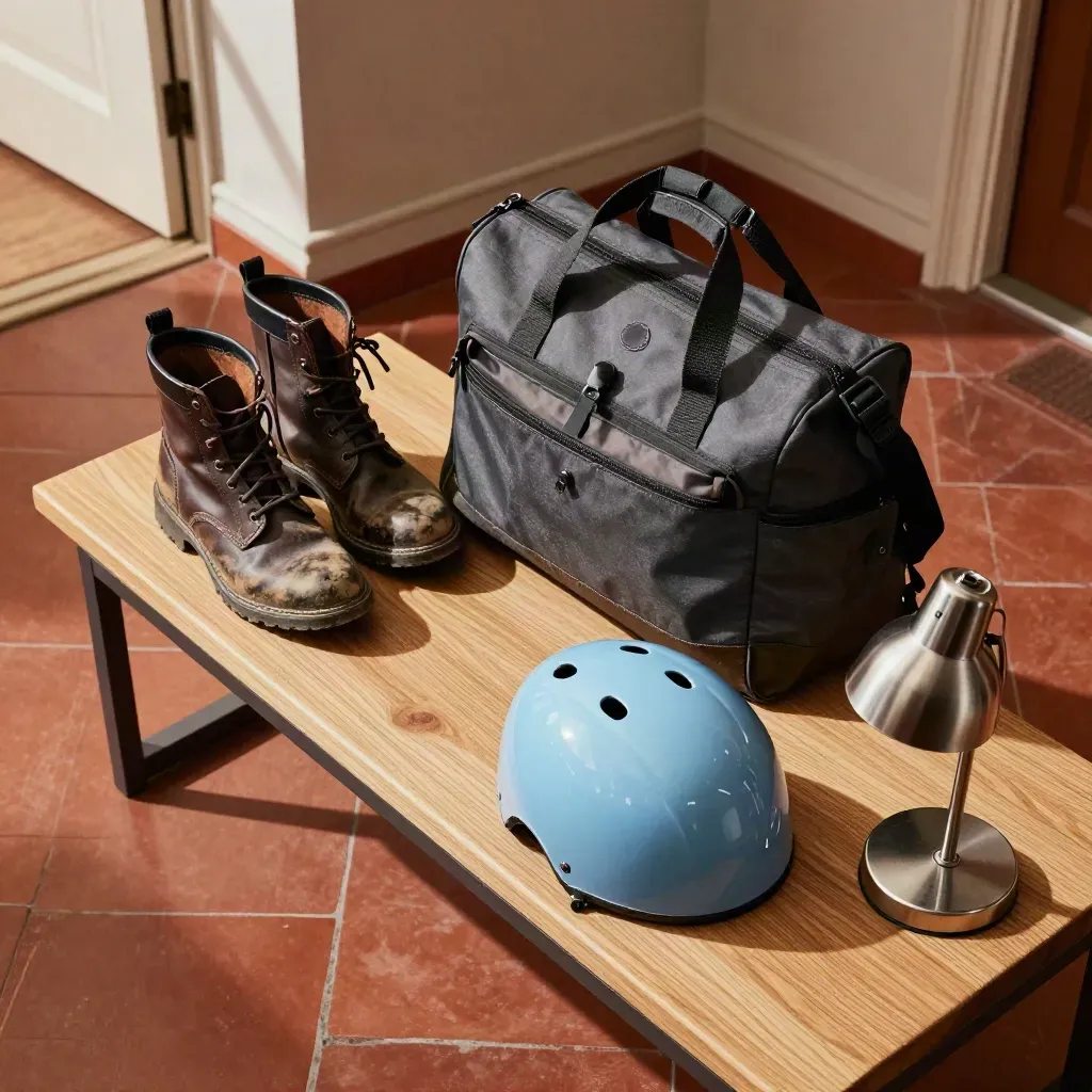 Hallbench med kängor, cykelhjälm, väska och liten lampa i top-down-vy