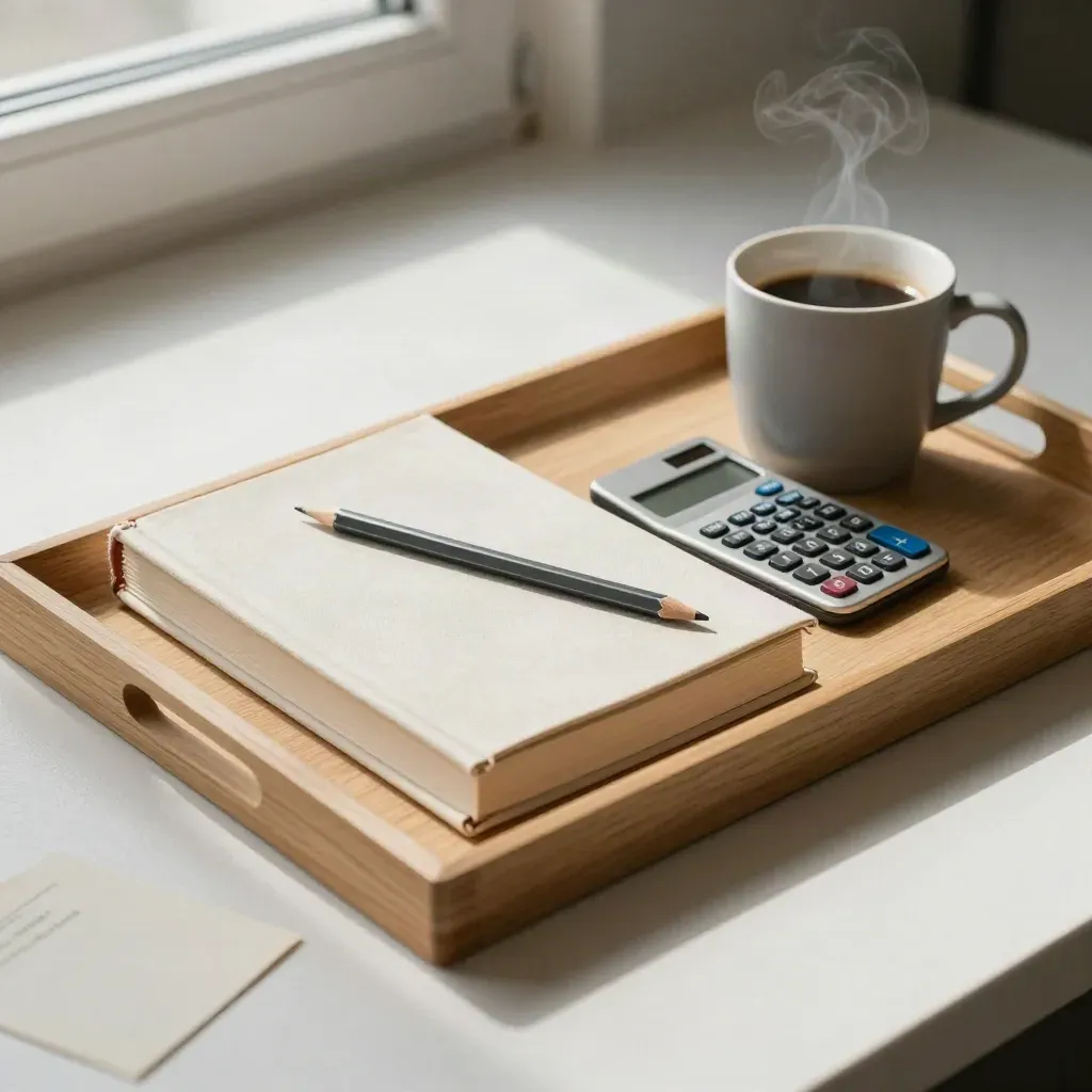 Studiebricka med stängd lärobok, miniräknare, penna och kaffekopp i mjukt ljus.