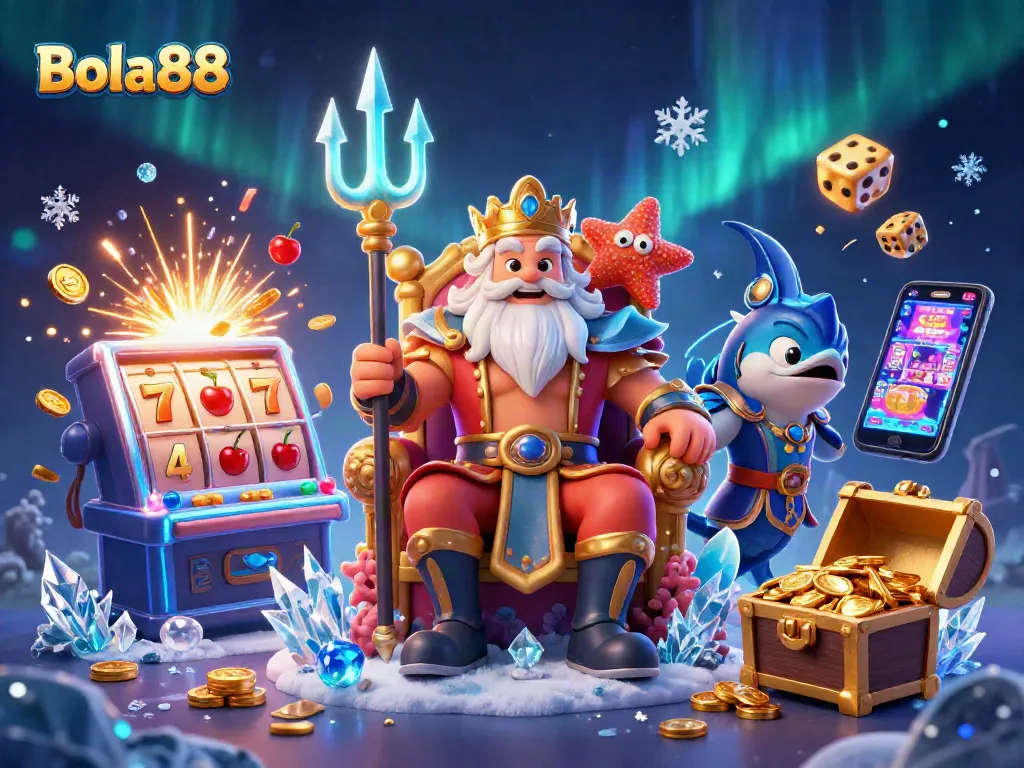 Bola88 theme illustration featuring Neptune, jackpot bursts, and colorful casino dynamics
